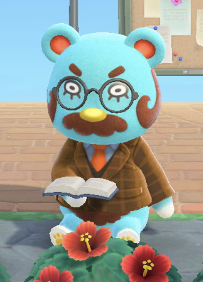 Beardo, a bright blue bear with a brown mustache and mutton chops,
sitting in the grass and reading a book, with a surprised expression.