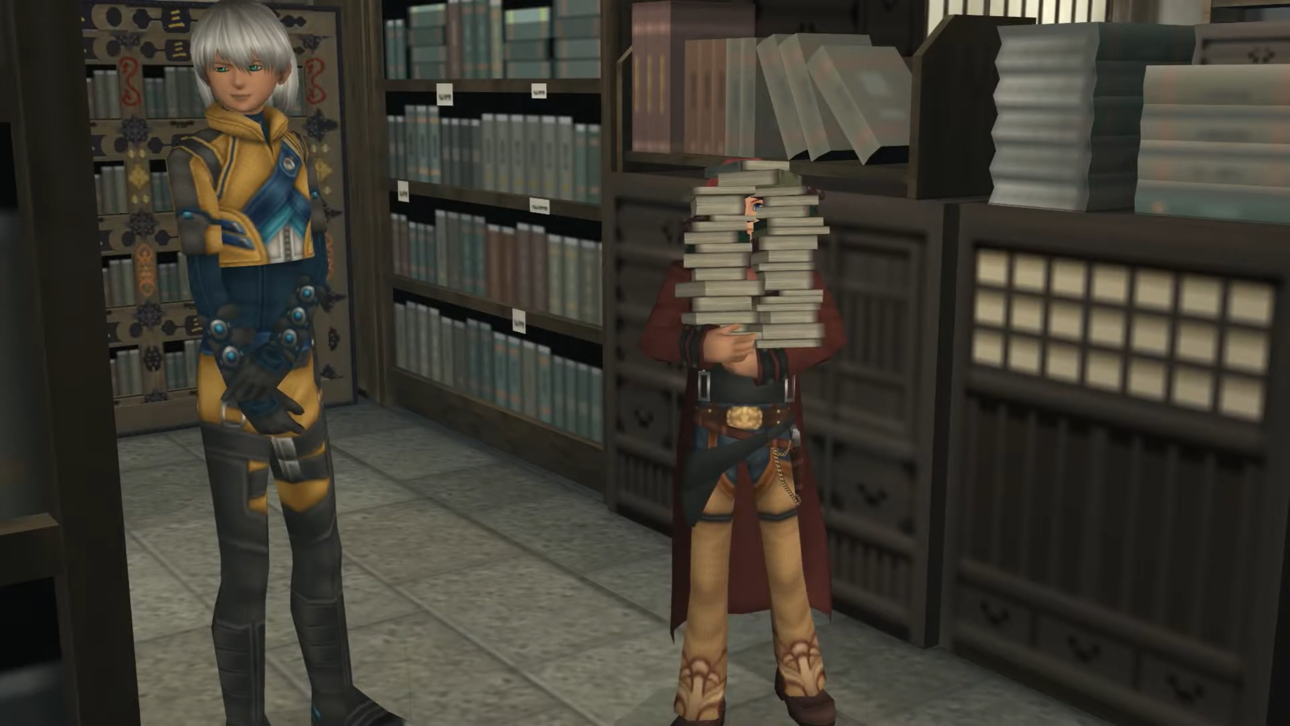 Two characters standing in front of several large bookshelves.
One of the characters is holding a stack of over 20 books,
covering his face.